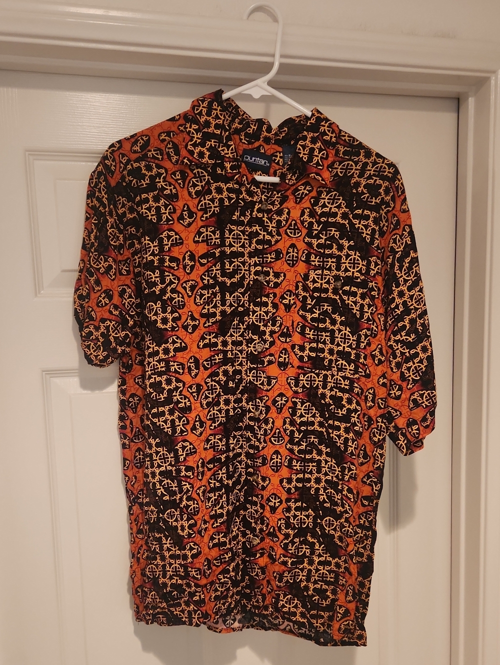 Puritan Orange and Black Short-Sleeve Button-Down Shirt